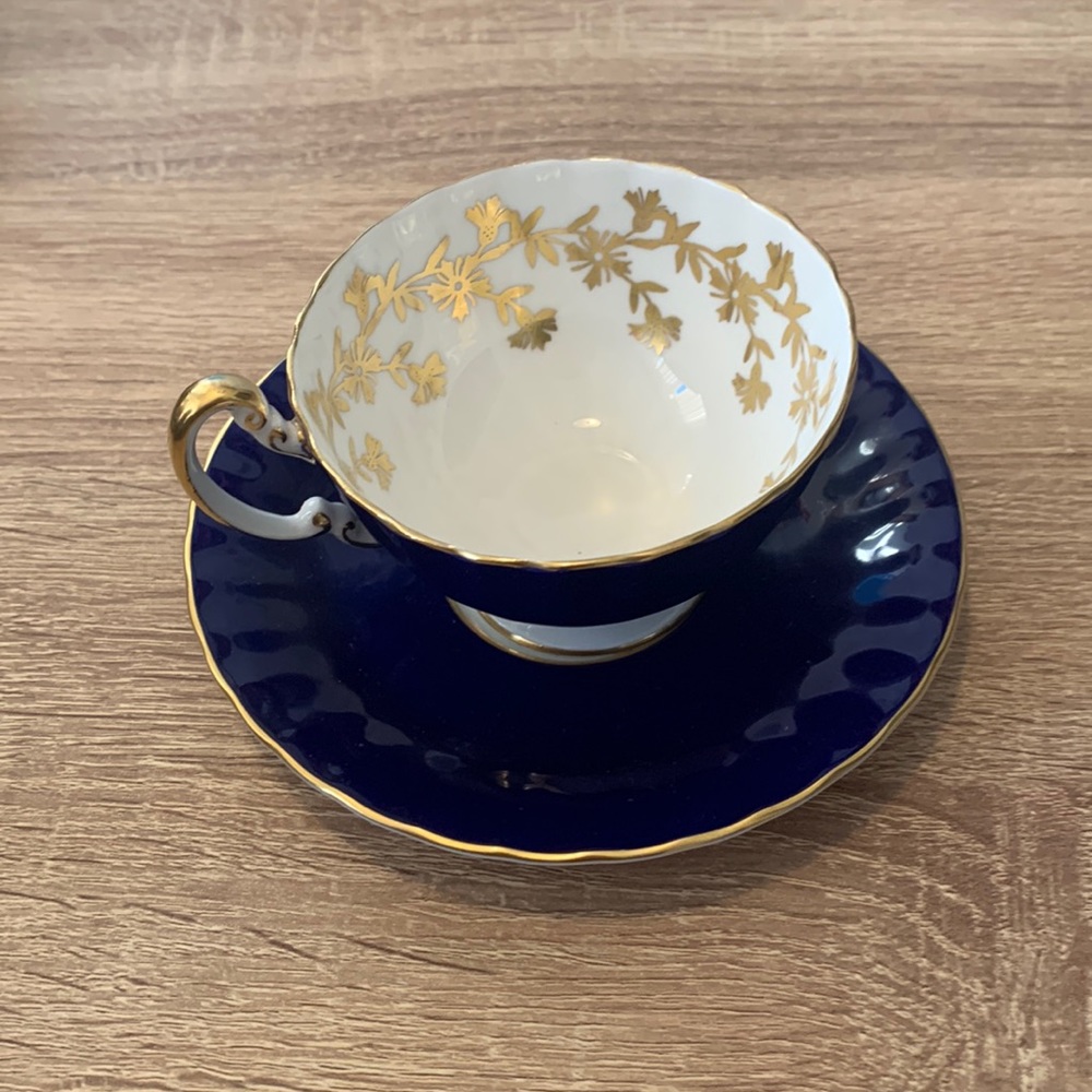 Vintage Cobalt Blue and Gold Leaf Design Aynsley Teacup and Saucer